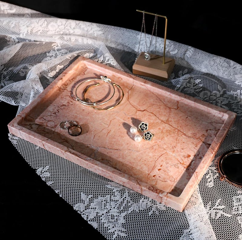 DUANYAN Real Luxurious Natural Marble Vanity Tray Genuine Marble Storage Tray for Home Decor Stone Tray for Bathroom/Kitchen/Vanity/Dresser Non-Resin/Non-Ceramic/Cream Rose - Image 4